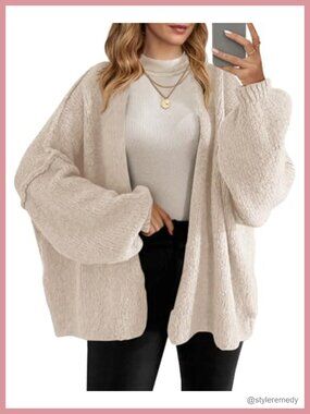 Chunky Knit Long Lantern Sleeve Open Front Cardigan, Cozy Winter Sweater Coat
